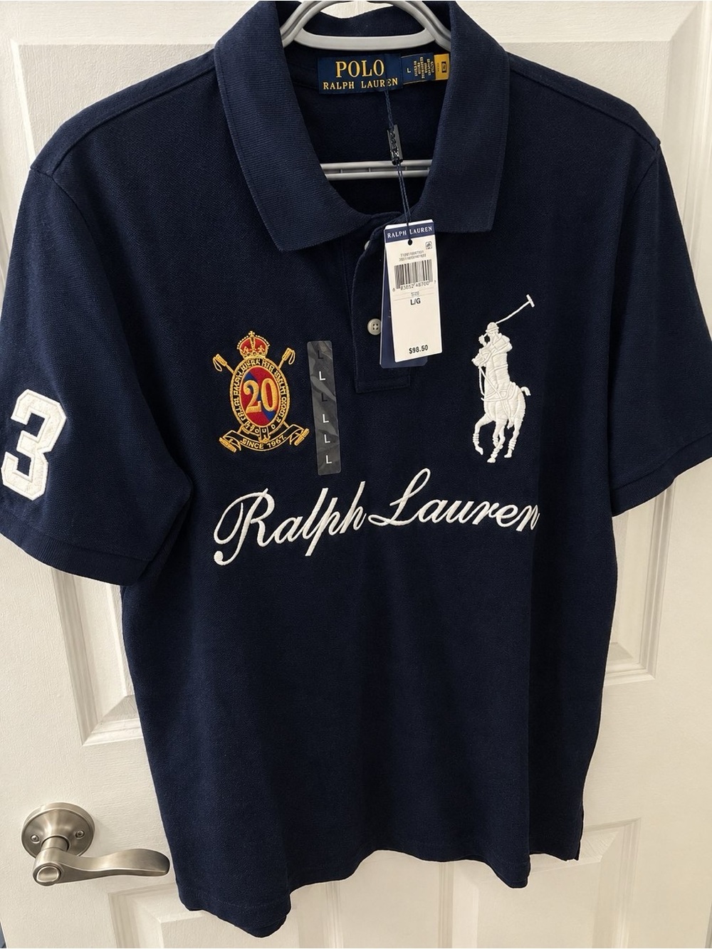 Ralph Lauren Navy Polo with White Logo & Embroidered Crest